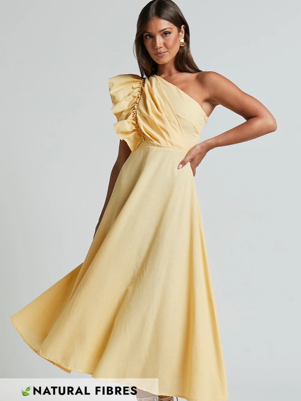 Showpo. DIXIE MIDI DRESS Linen Look One Shoulder Ruffle Dress In Lemon 4